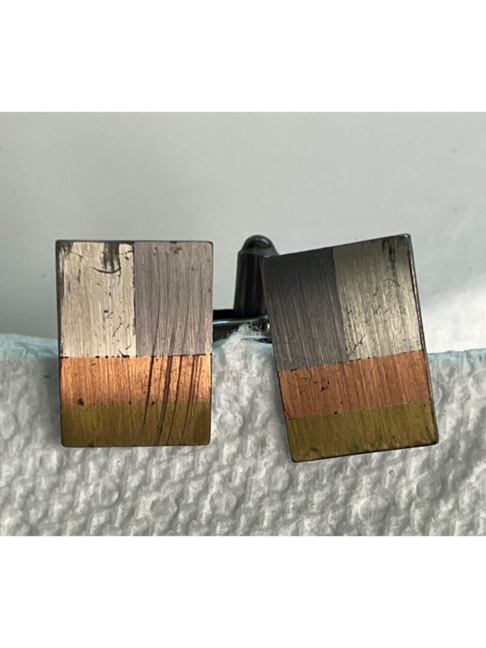 VTG Mexico Sterling Silver Tricolor Mixed Metal Modernist Cufflinks Signed RBZ